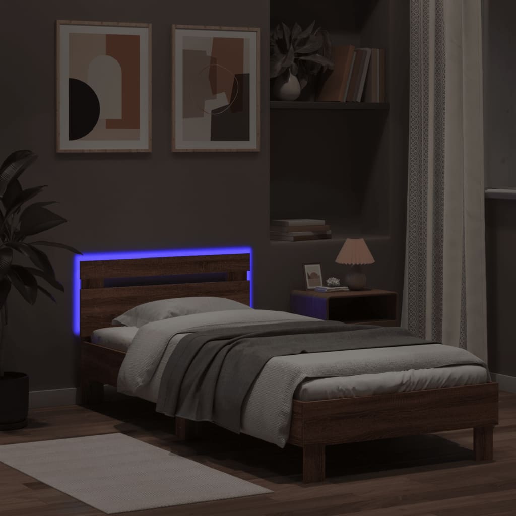 vidaXL Cadru de pat cu tăblie și lumini LED, stejar maro, 75x190 cm vidaXL Cadru de pat cu tăblie și lumini LED, stejar maro, 75x190 cm