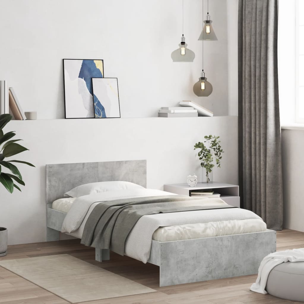 vidaXL Cadru de pat cu tăblie și lumini LED, gri beton, 100x200 cm