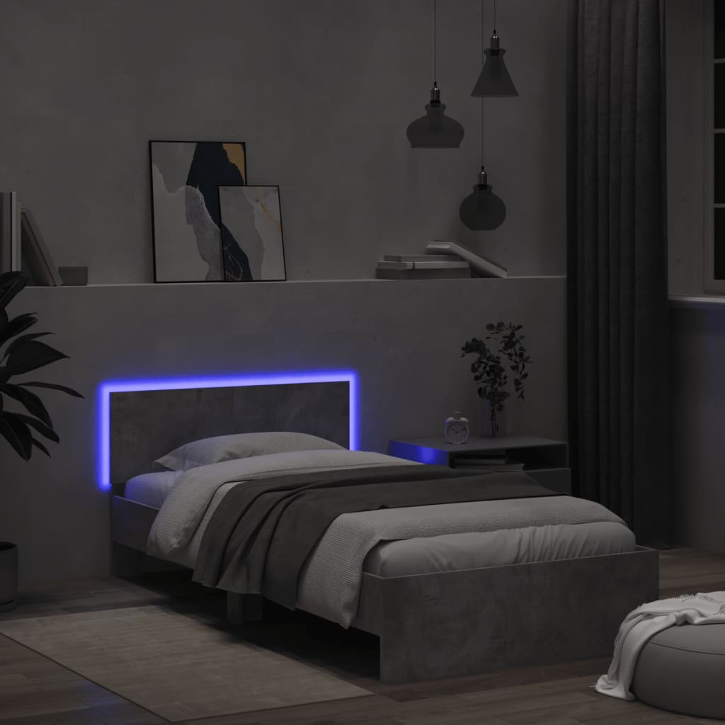 vidaXL Cadru de pat cu tăblie și lumini LED, gri beton, 100x200 cm