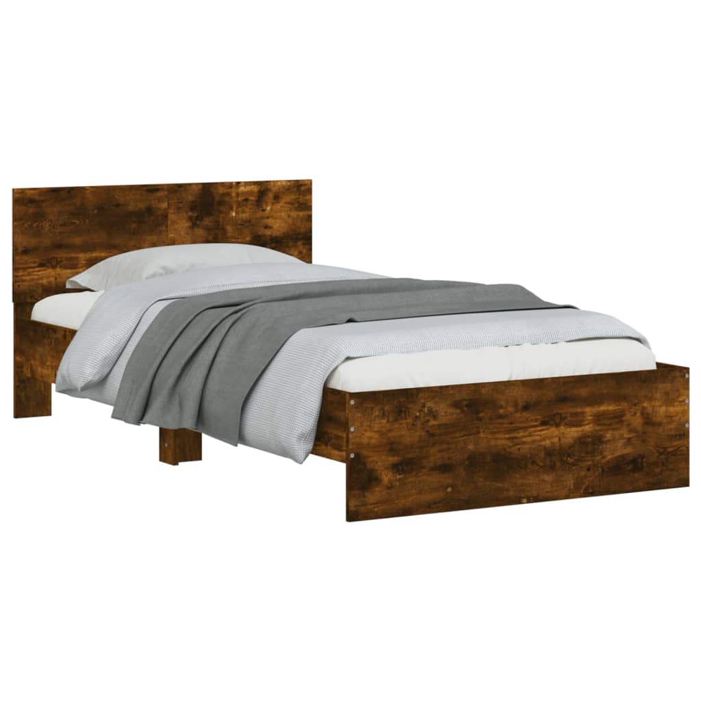 vidaXL Cadru de pat cu tăblie și LED, stejar fumuriu, 100x200 cm vidaXL Cadru de pat cu tăblie și LED, stejar fumuriu, 100x200 cm