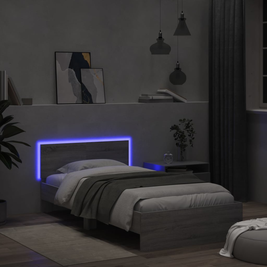 vidaXL Cadru de pat cu tăblie și lumini LED, gri sonoma, 100x200 cm vidaXL Cadru de pat cu tăblie și lumini LED, gri sonoma, 100x200 cm