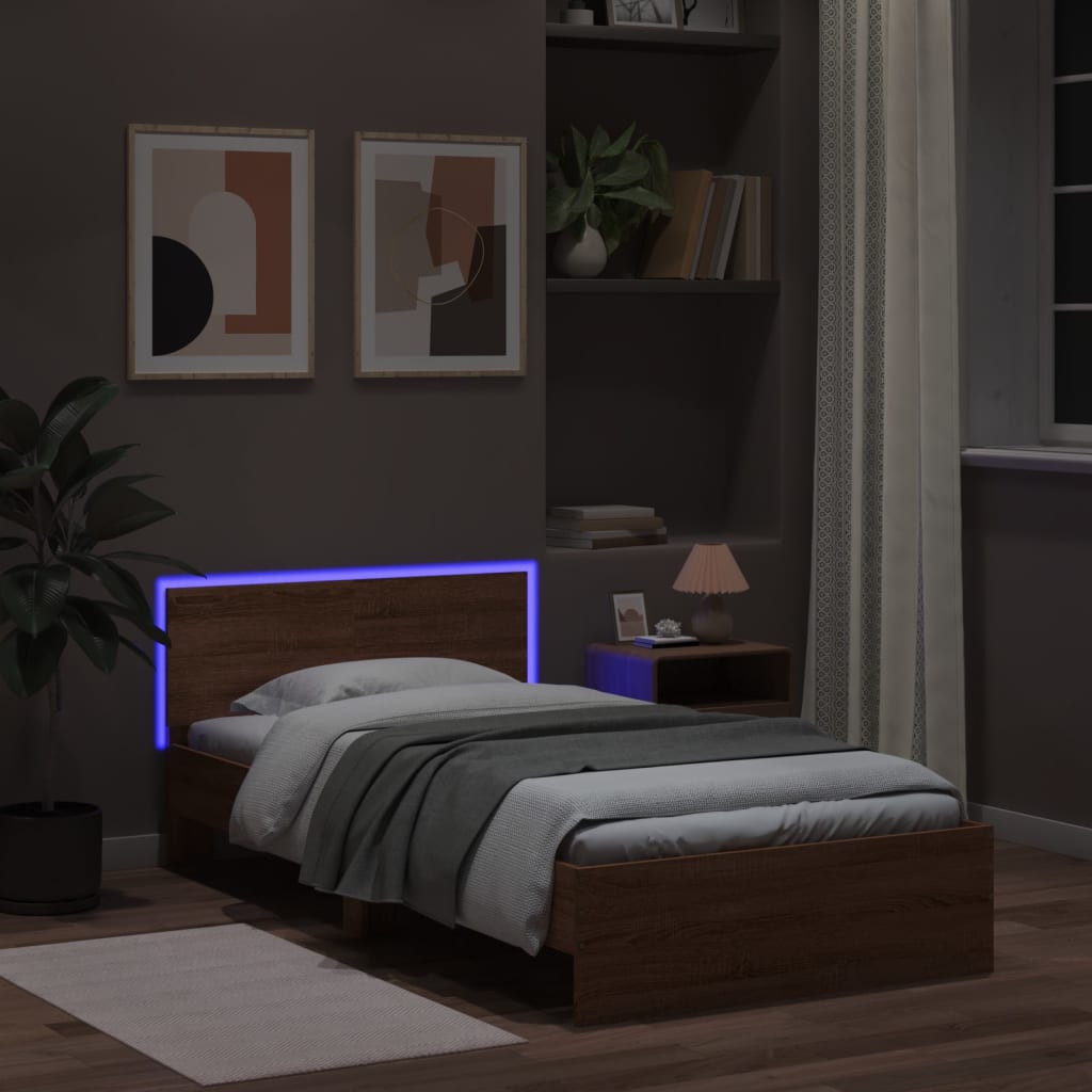 vidaXL Cadru de pat cu tăblie și lumini LED, stejar maro, 100x200 cm