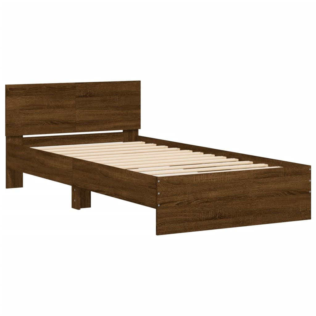 vidaXL Cadru de pat cu tăblie și lumini LED, stejar maro, 100x200 cm