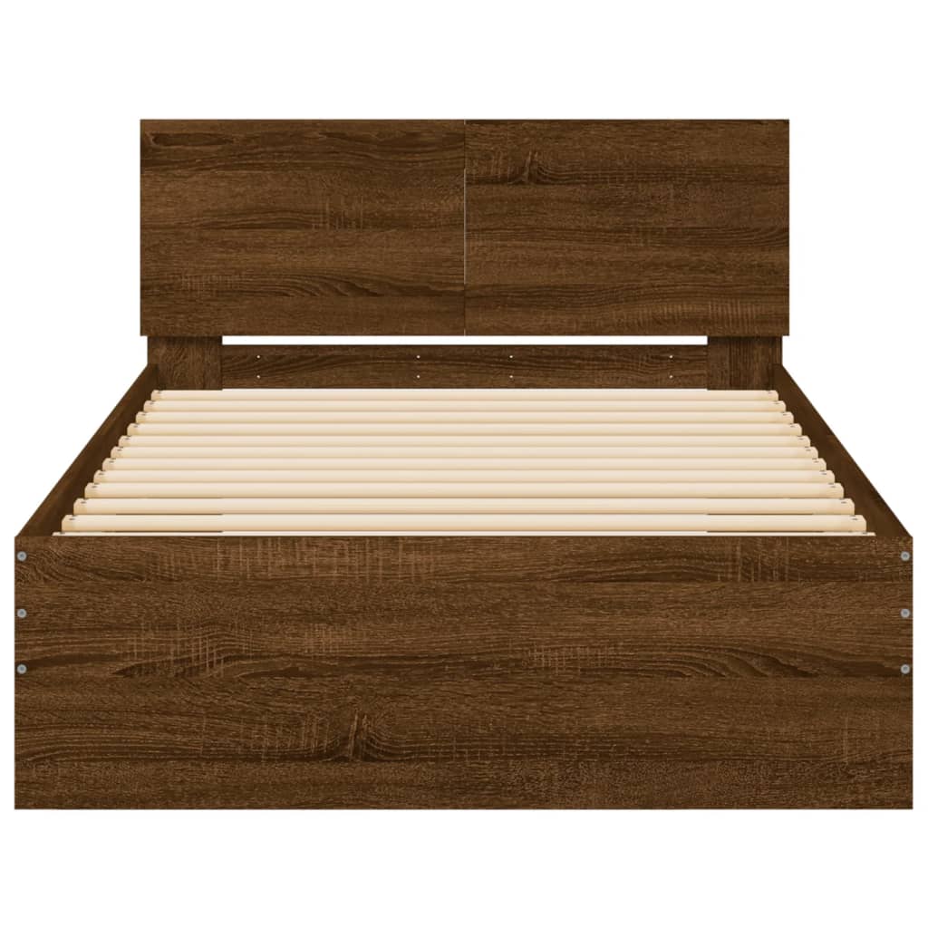 vidaXL Cadru de pat cu tăblie și lumini LED, stejar maro, 100x200 cm