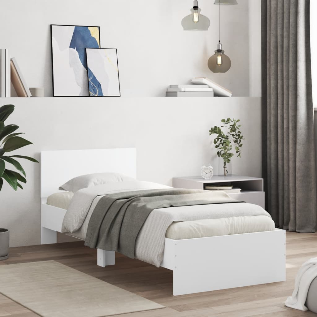 vidaXL Cadru de pat cu tăblie și lumini LED, alb, 90x200 cm
