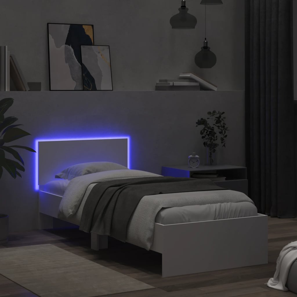 vidaXL Cadru de pat cu tăblie și lumini LED, alb, 90x200 cm