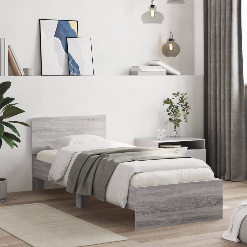 vidaXL Cadru de pat cu tăblie și lumini LED, gri sonoma, 90x200 cm vidaXL Cadru de pat cu tăblie și lumini LED, gri sonoma, 90x200 cm