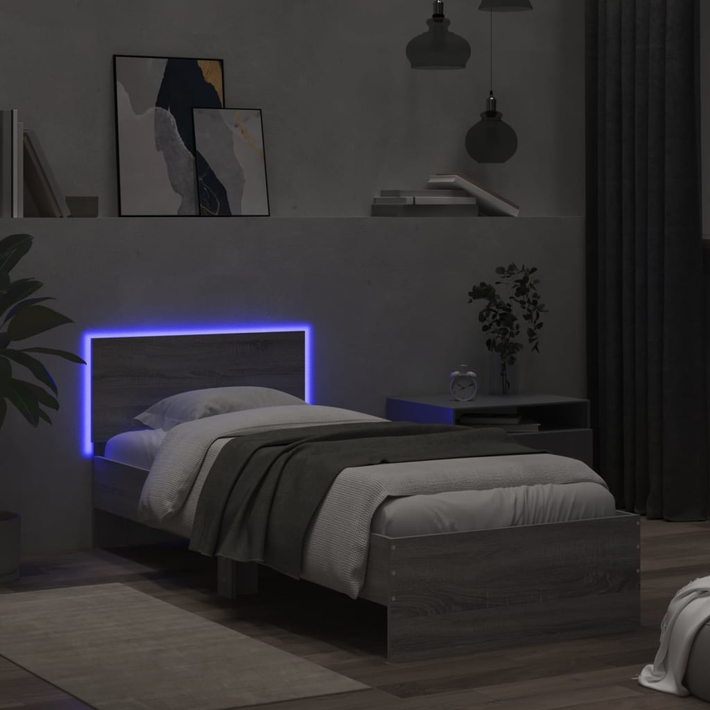 vidaXL Cadru de pat cu tăblie și lumini LED, gri sonoma, 90x200 cm vidaXL Cadru de pat cu tăblie și lumini LED, gri sonoma, 90x200 cm