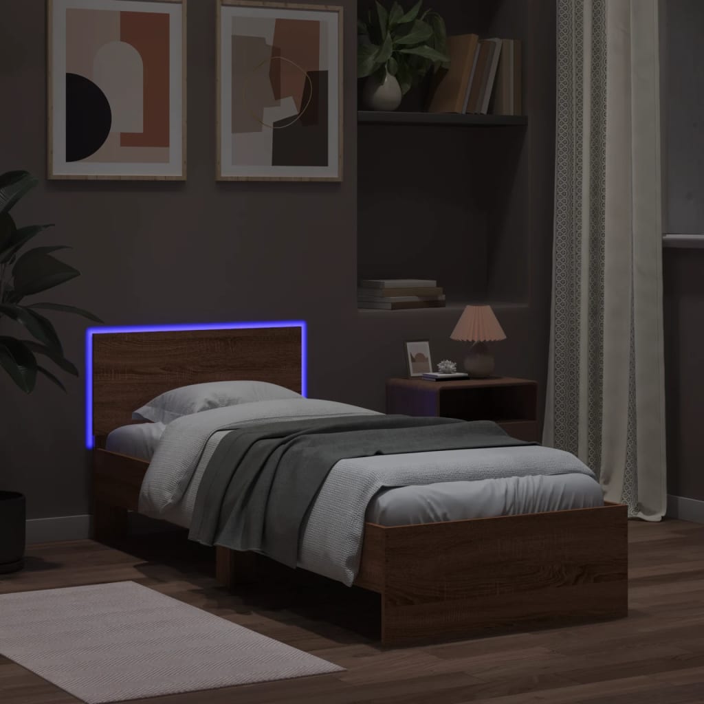 vidaXL Cadru de pat cu tăblie și lumini LED, stejar maro, 90x200 cm vidaXL Cadru de pat cu tăblie și lumini LED, stejar maro, 90x200 cm