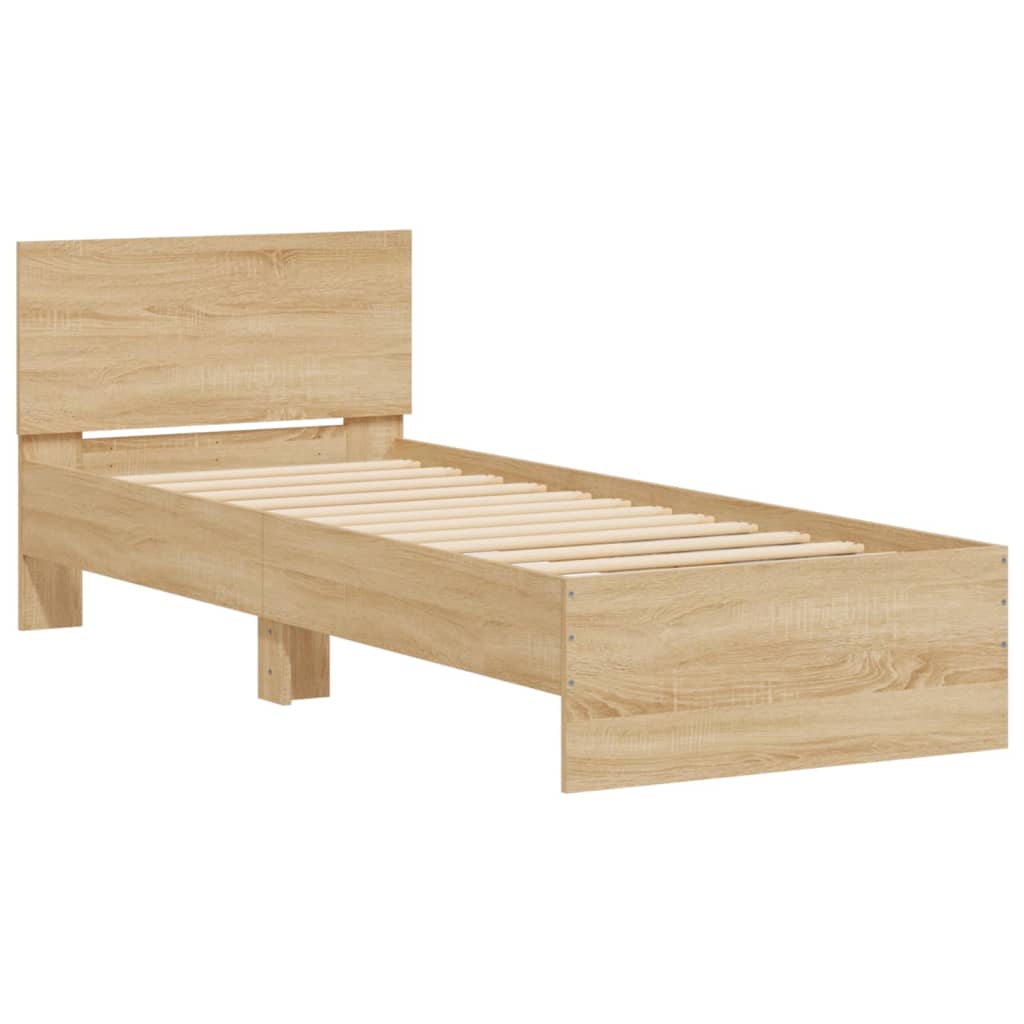vidaXL Cadru de pat cu tăblie și lumini LED, stejar sonoma, 90x190 cm