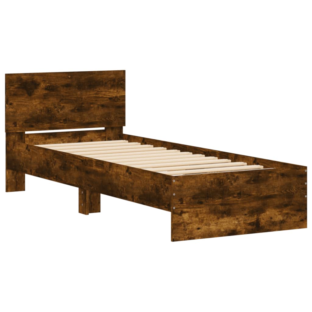 vidaXL Cadru de pat cu tăblie și lumini LED, stejar fumuriu, 90x190 cm