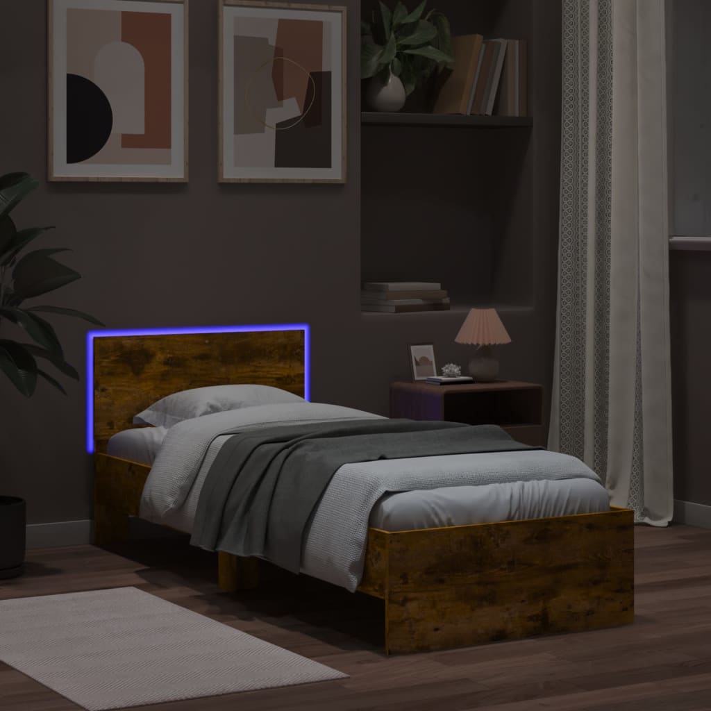 vidaXL Cadru de pat cu tăblie și lumini LED, stejar fumuriu, 90x190 cm