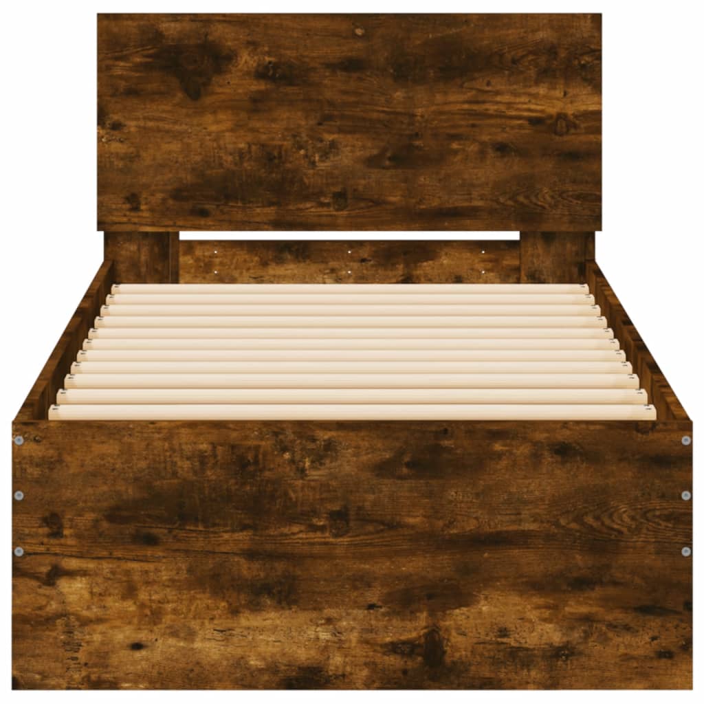 vidaXL Cadru de pat cu tăblie și lumini LED, stejar fumuriu, 90x190 cm