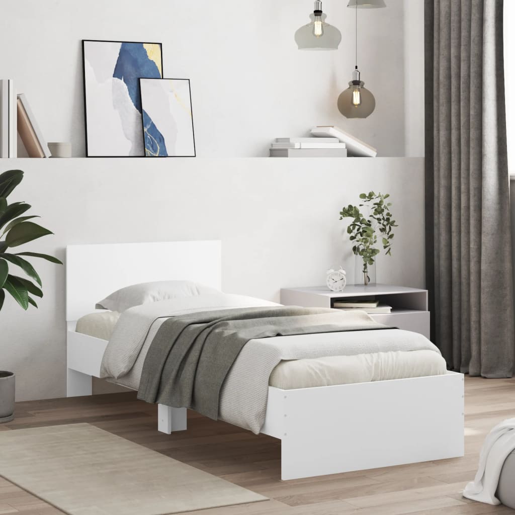 vidaXL Cadru de pat cu tăblie și lumini LED, alb, 75x190 cm
