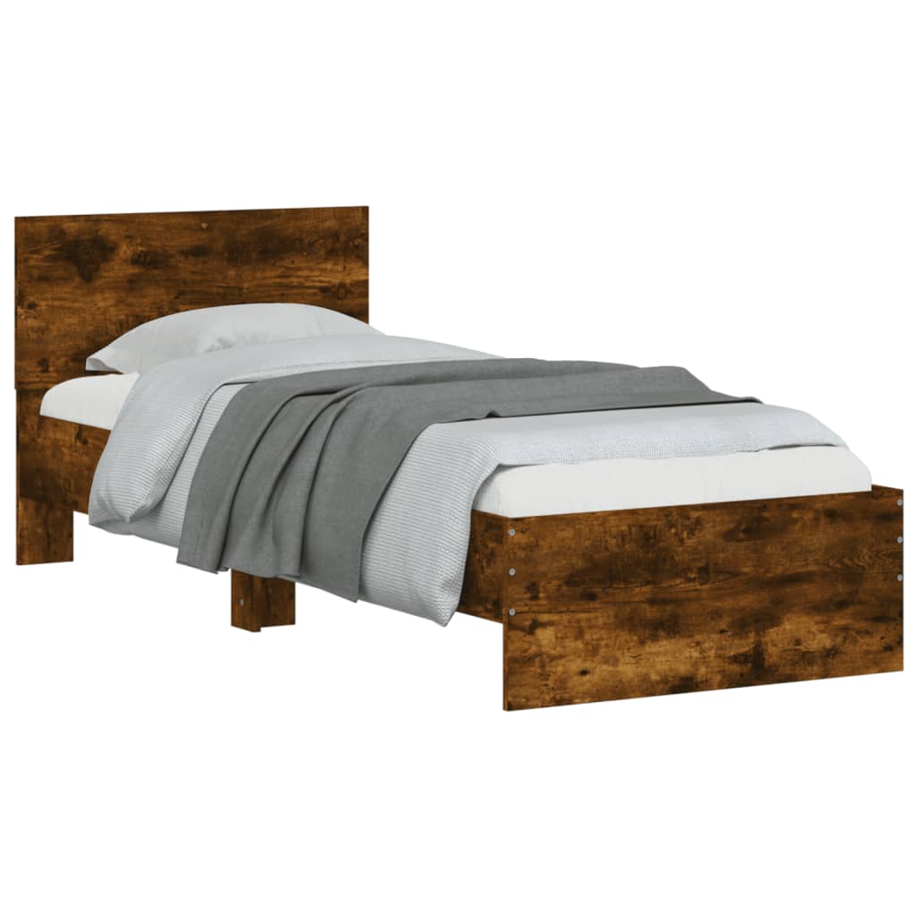 vidaXL Cadru de pat cu tăblie și lumini LED, stejar fumuriu, 75x190 cm
