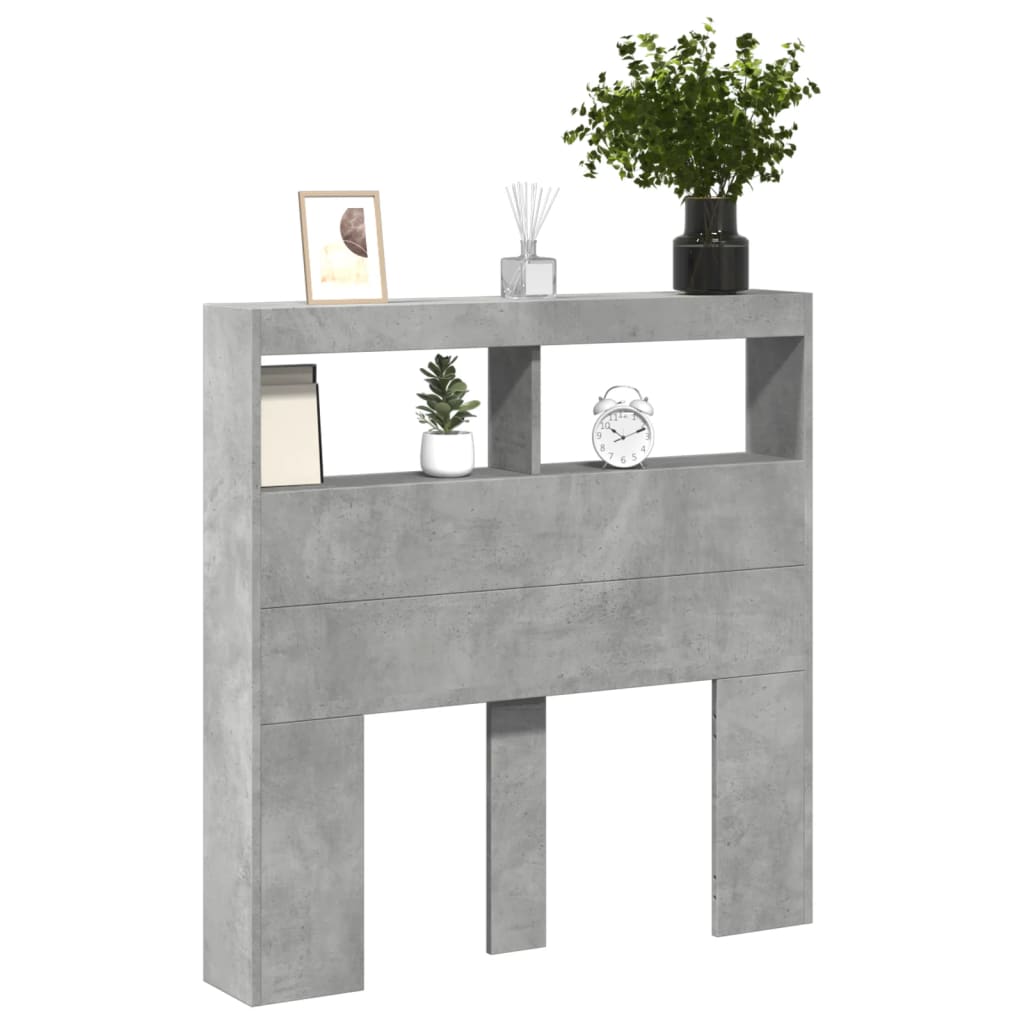 vidaXL Tăblie de pat cu dulap și LED, gri beton, 100x17x102 cm