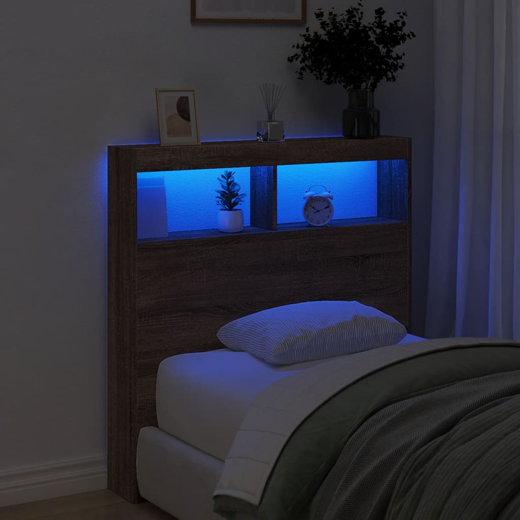 vidaXL Tăblie de pat cu dulap și LED, stejar maro, 100x17x102 cm vidaXL Tăblie de pat cu dulap și LED, stejar maro, 100x17x102 cm
