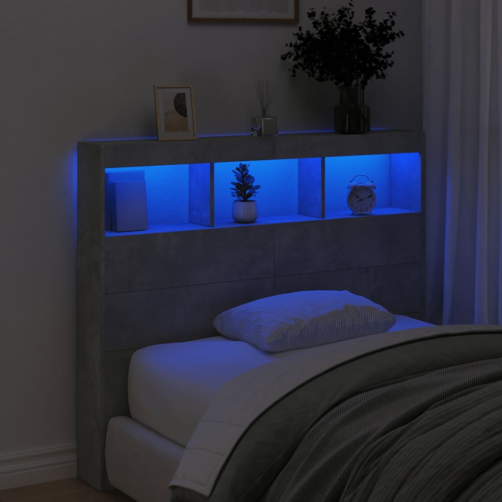 vidaXL Tăblie de pat cu dulap și LED, gri beton, 120x17x102 cm