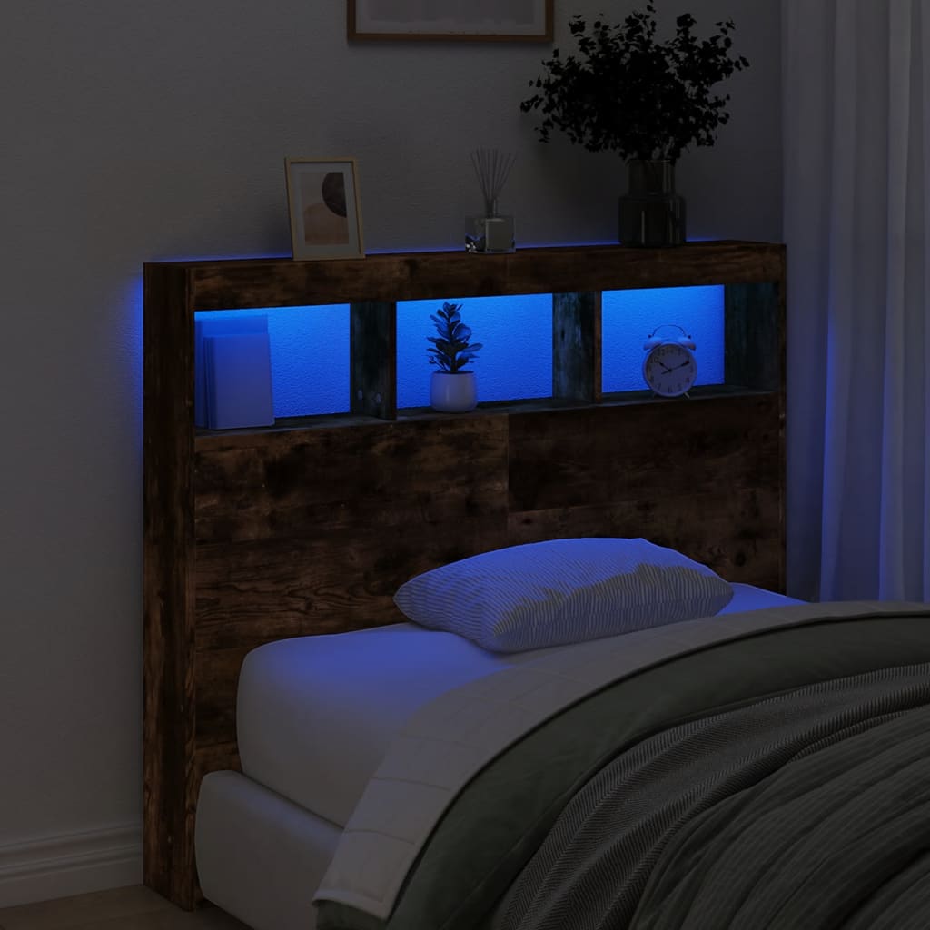 vidaXL Tăblie de pat cu dulap și LED, stejar fumuriu, 120x17x102 cm vidaXL Tăblie de pat cu dulap și LED, stejar fumuriu, 120x17x102 cm