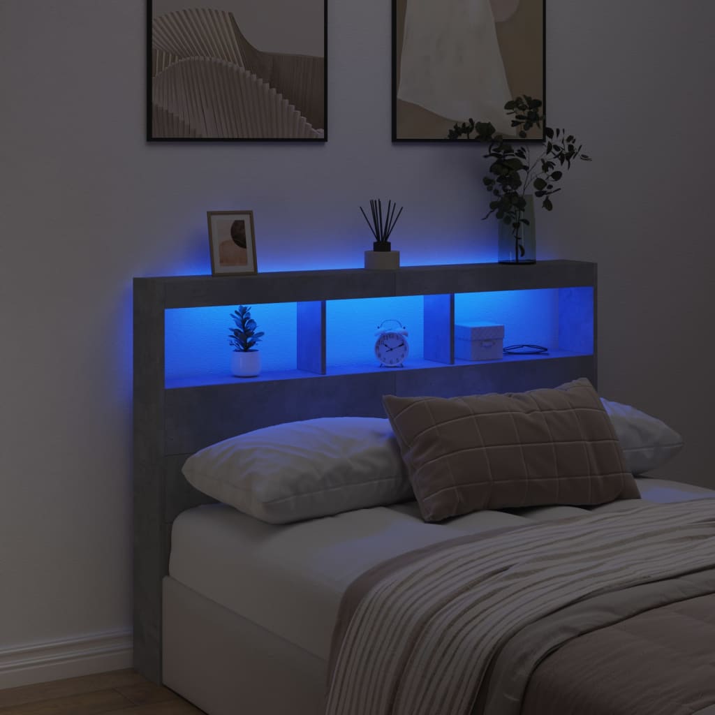 vidaXL Tăblie de pat cu dulap și LED, gri beton, 140x17x102 cm