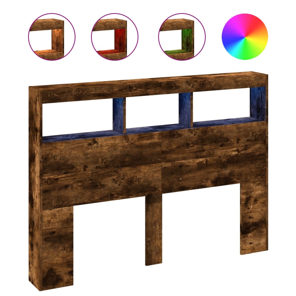 vidaXL Tăblie de pat cu dulap și LED, stejar fumuriu, 140x17x102 cm vidaXL Tăblie de pat cu dulap și LED, stejar fumuriu, 140x17x102 cm