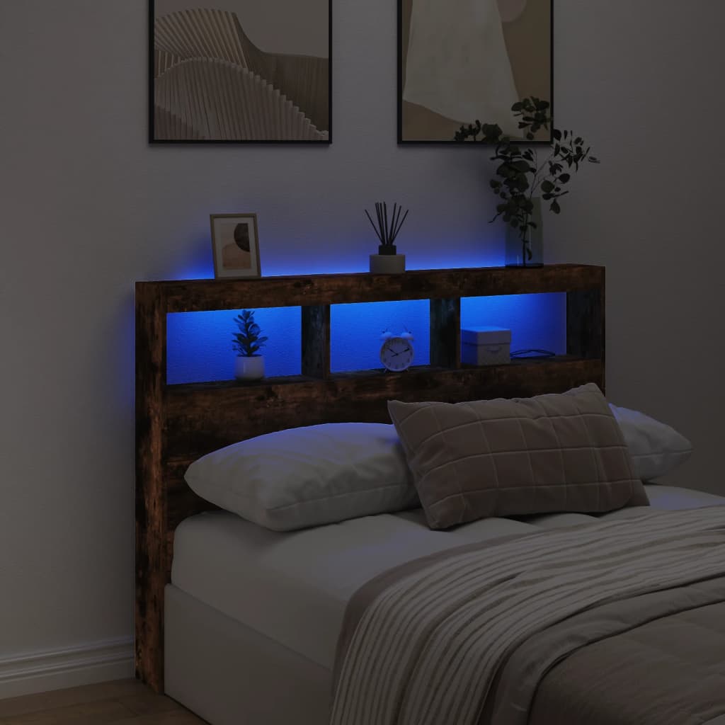 vidaXL Tăblie de pat cu dulap și LED, stejar fumuriu, 140x17x102 cm vidaXL Tăblie de pat cu dulap și LED, stejar fumuriu, 140x17x102 cm