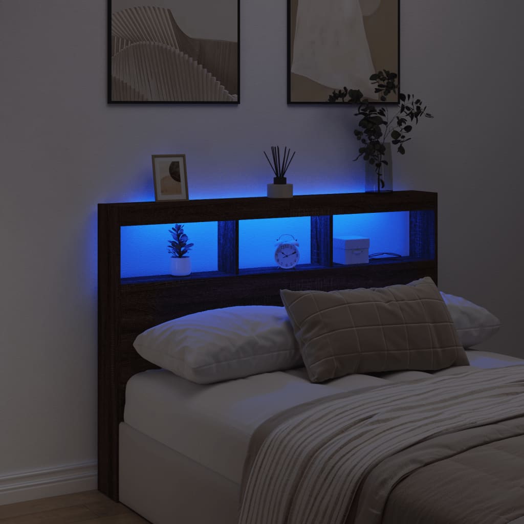 vidaXL Tăblie de pat cu dulap și LED, stejar maro, 140x17x102 cm vidaXL Tăblie de pat cu dulap și LED, stejar maro, 140x17x102 cm