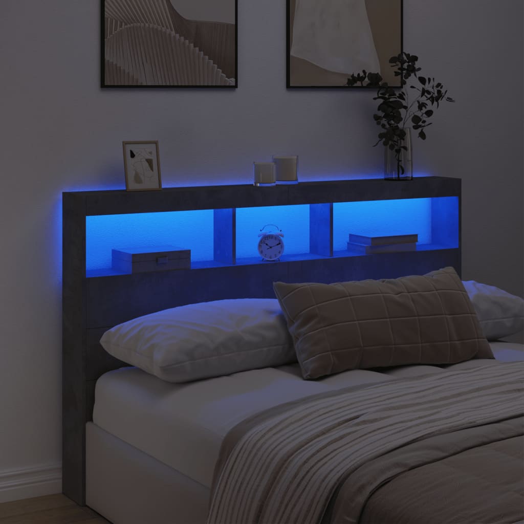 vidaXL Tăblie de pat cu dulap și LED, gri beton, 160x17x102 cm