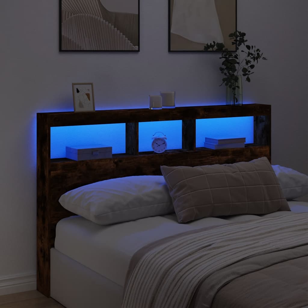 vidaXL Tăblie de pat cu dulap și LED, stejar fumuriu, 160x17x102 cm