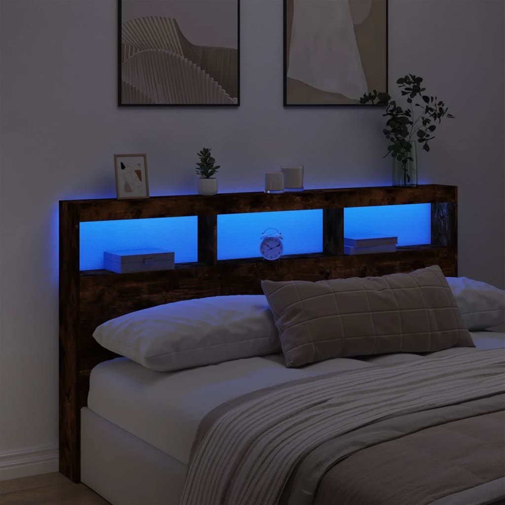vidaXL Tăblie de pat cu dulap și LED, stejar fumuriu, 180x17x102 cm