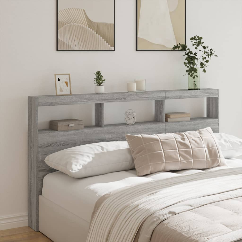 vidaXL Tăblie de pat cu dulap și LED, gri sonoma, 180x17x102 cm