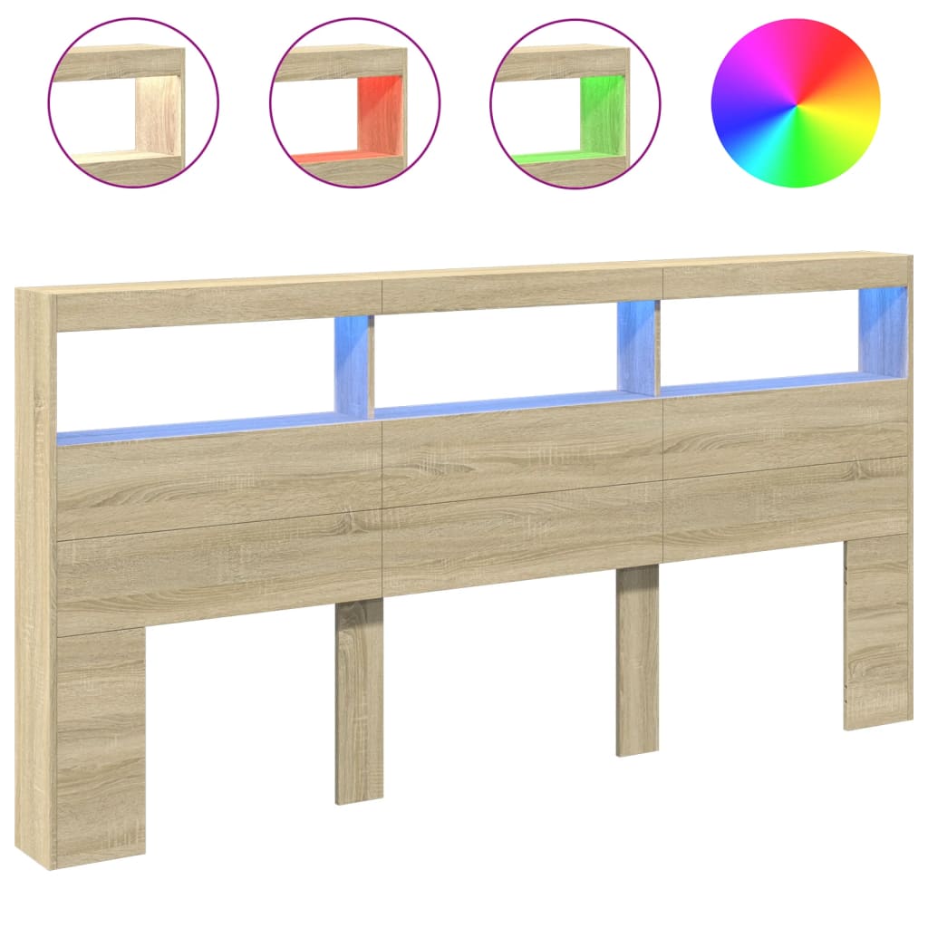 vidaXL Tăblie de pat cu dulap și LED, stejar sonoma, 200x17x102 cm vidaXL Tăblie de pat cu dulap și LED, stejar sonoma, 200x17x102 cm