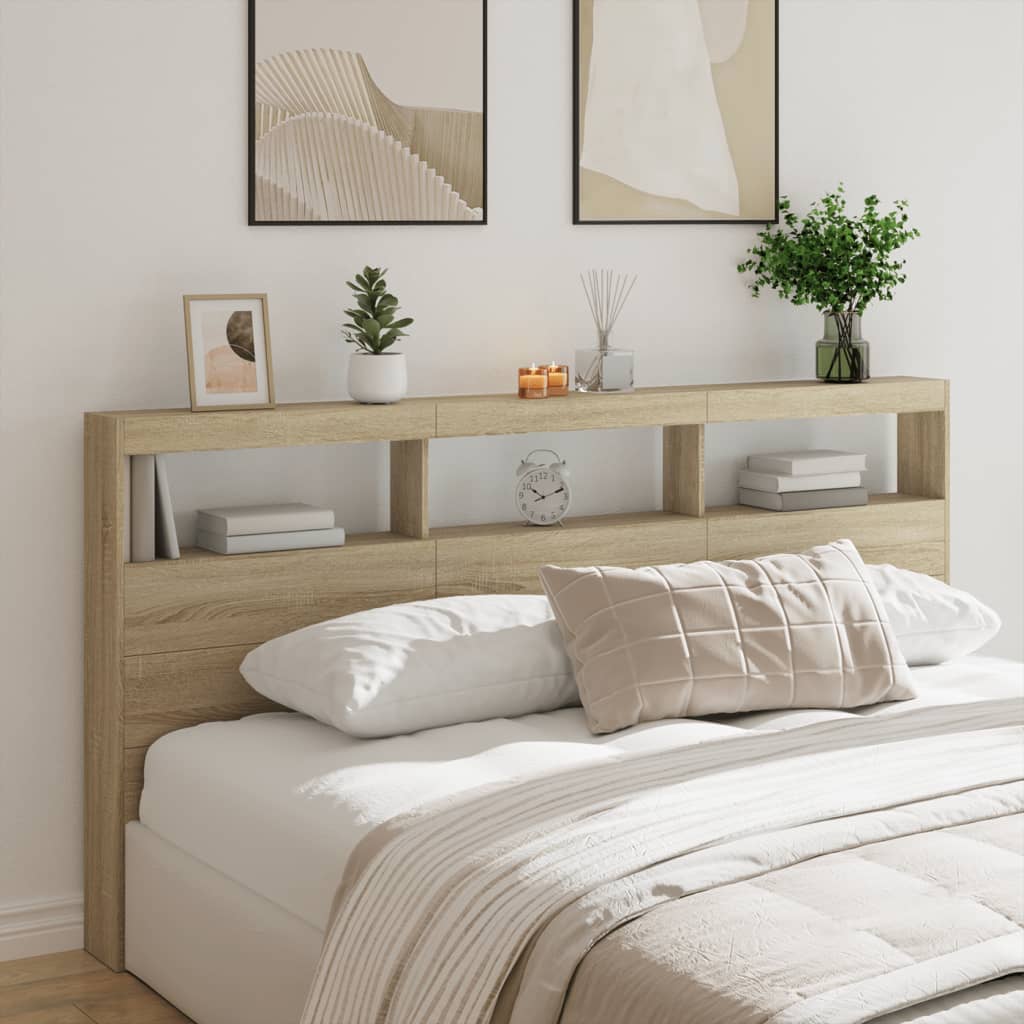 vidaXL Tăblie de pat cu dulap și LED, stejar sonoma, 200x17x102 cm vidaXL Tăblie de pat cu dulap și LED, stejar sonoma, 200x17x102 cm