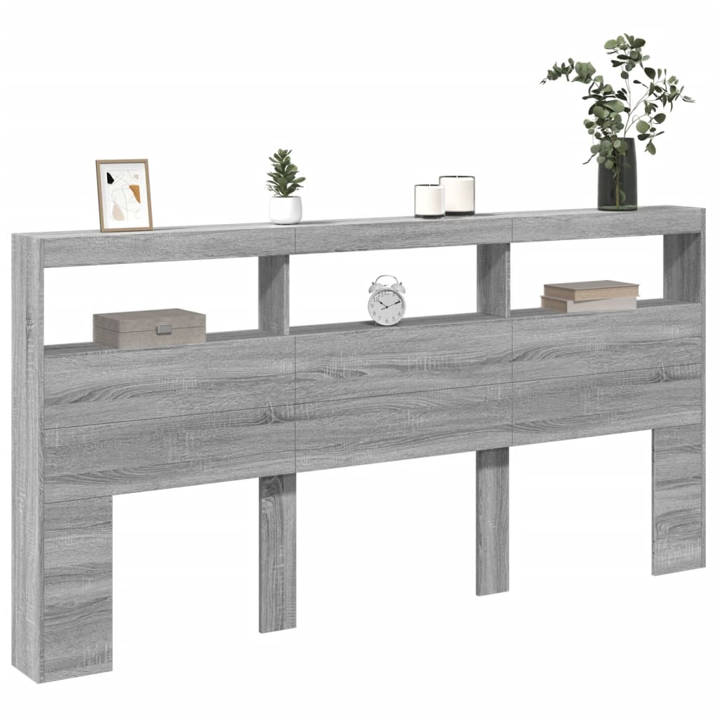 vidaXL Tăblie de pat cu dulap și LED, gri sonoma, 200x17x102 cm vidaXL Tăblie de pat cu dulap și LED, gri sonoma, 200x17x102 cm