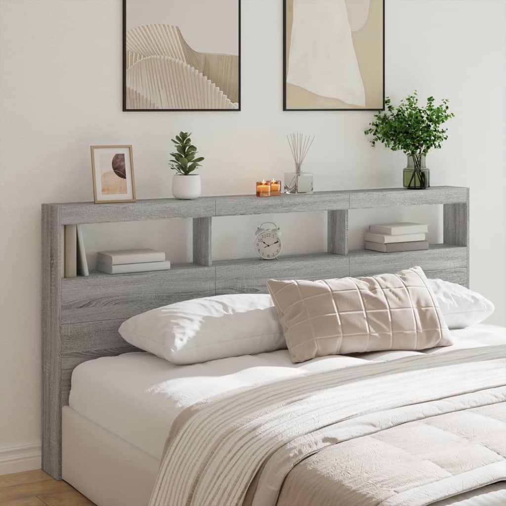vidaXL Tăblie de pat cu dulap și LED, gri sonoma, 200x17x102 cm vidaXL Tăblie de pat cu dulap și LED, gri sonoma, 200x17x102 cm
