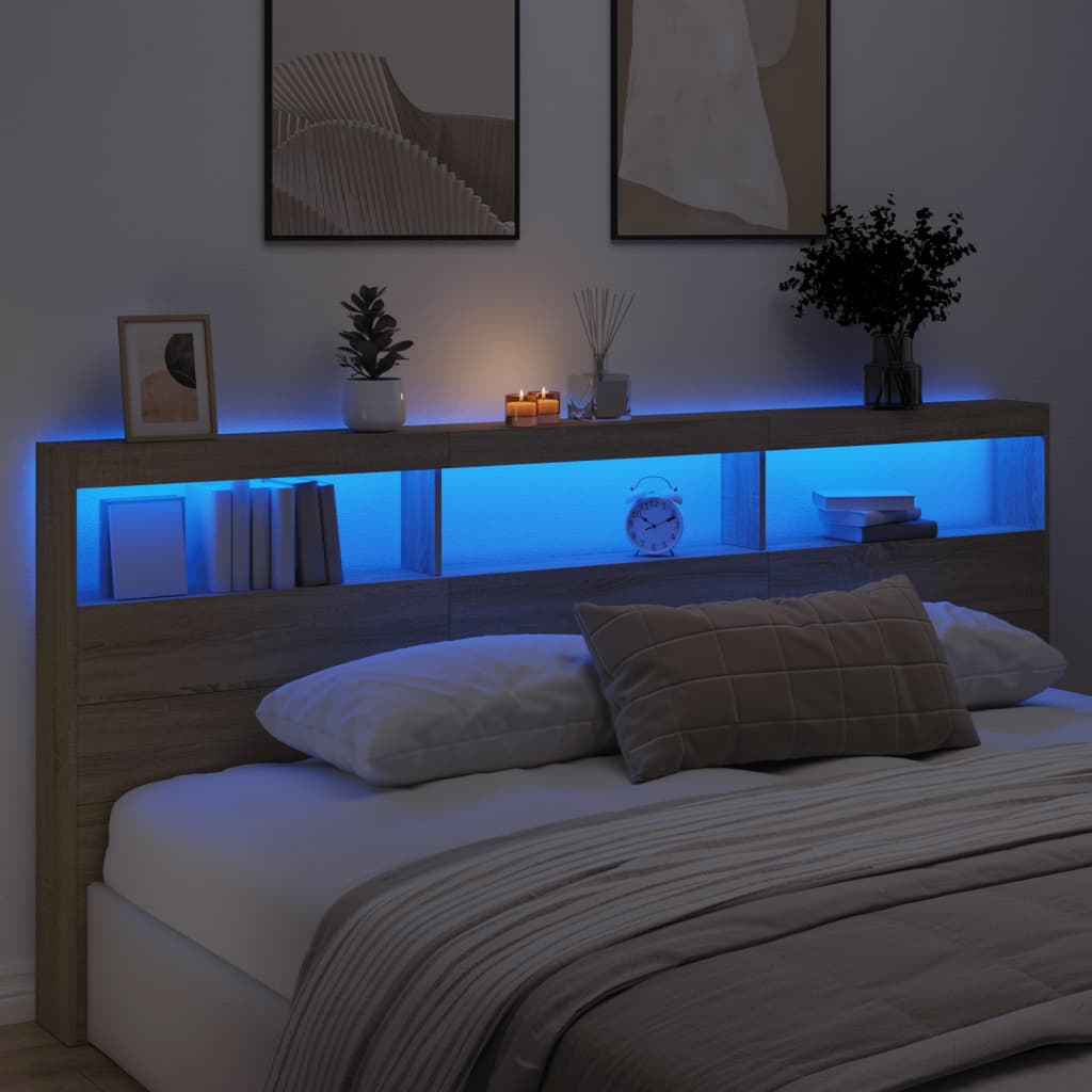 vidaXL Tăblie de pat cu dulap și LED, stejar sonoma, 220x17x102 cm