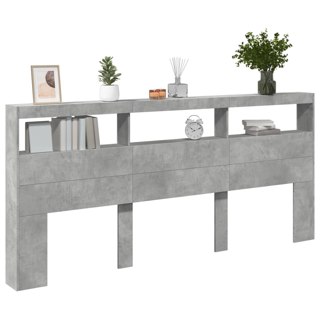 vidaXL Tăblie de pat cu dulap și LED, gri beton, 220x17x102 cm