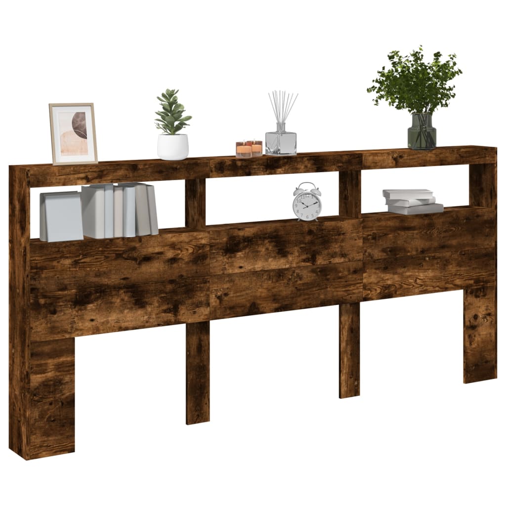 vidaXL Tăblie de pat cu dulap și LED, stejar fumuriu, 220x17x102 cm vidaXL Tăblie de pat cu dulap și LED, stejar fumuriu, 220x17x102 cm