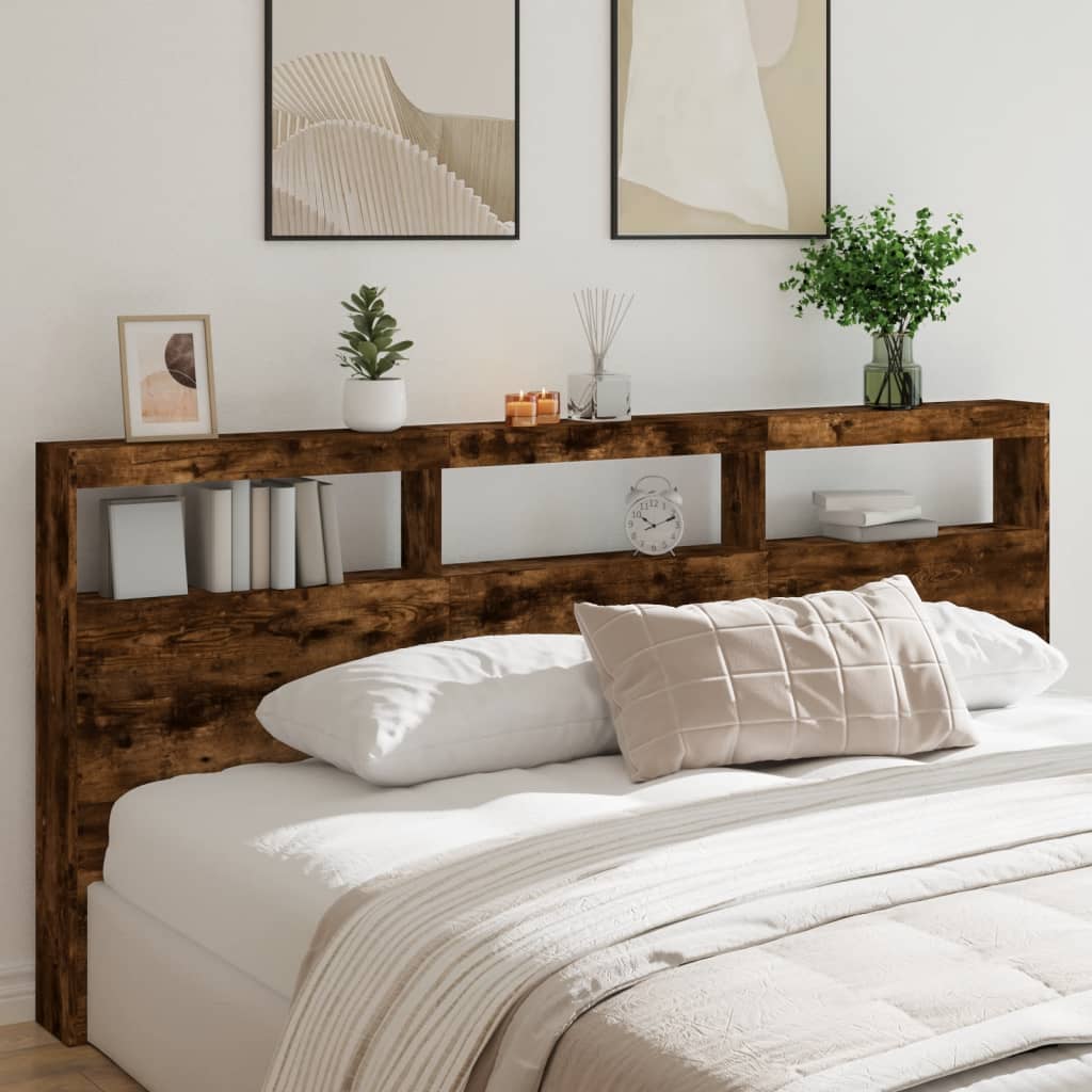 vidaXL Tăblie de pat cu dulap și LED, stejar fumuriu, 220x17x102 cm vidaXL Tăblie de pat cu dulap și LED, stejar fumuriu, 220x17x102 cm