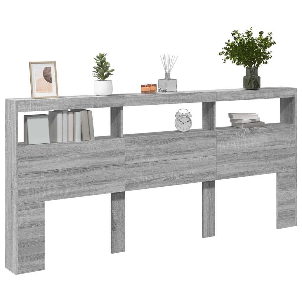 vidaXL Tăblie de pat cu dulap și LED, gri sonoma, 220x17x102 cm vidaXL Tăblie de pat cu dulap și LED, gri sonoma, 220x17x102 cm