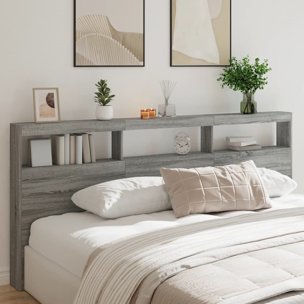vidaXL Tăblie de pat cu dulap și LED, gri sonoma, 220x17x102 cm vidaXL Tăblie de pat cu dulap și LED, gri sonoma, 220x17x102 cm
