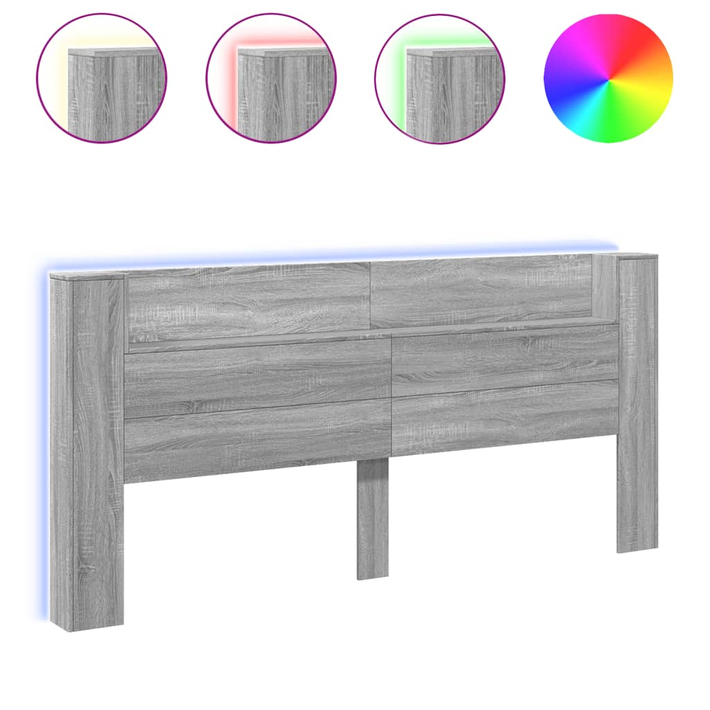 vidaXL Tăblie de pat cu dulap și LED, gri sonoma, 220x16,5x103,5 cm vidaXL Tăblie de pat cu dulap și LED, gri sonoma, 220x16,5x103,5 cm