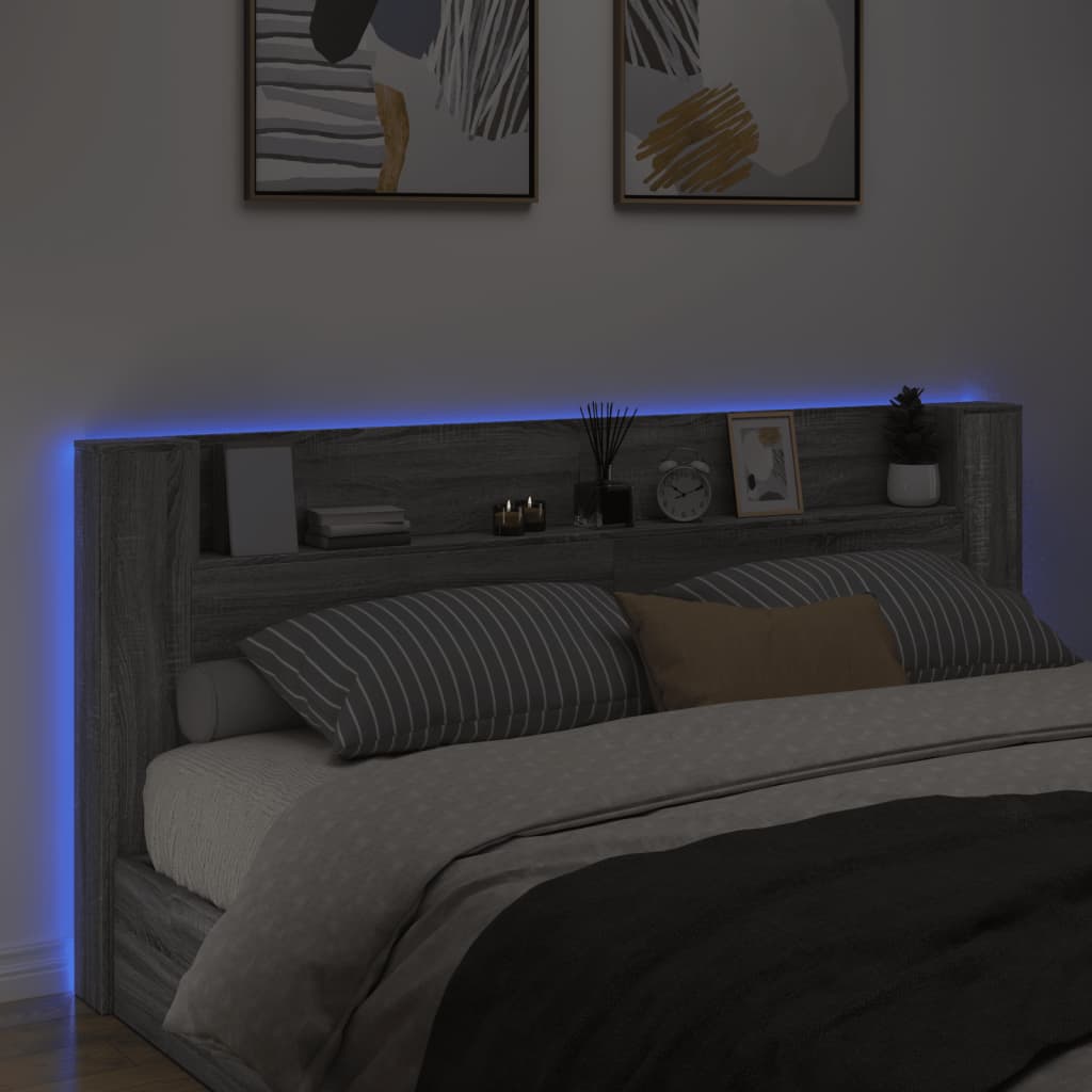 vidaXL Tăblie de pat cu dulap și LED, gri sonoma, 220x16,5x103,5 cm vidaXL Tăblie de pat cu dulap și LED, gri sonoma, 220x16,5x103,5 cm
