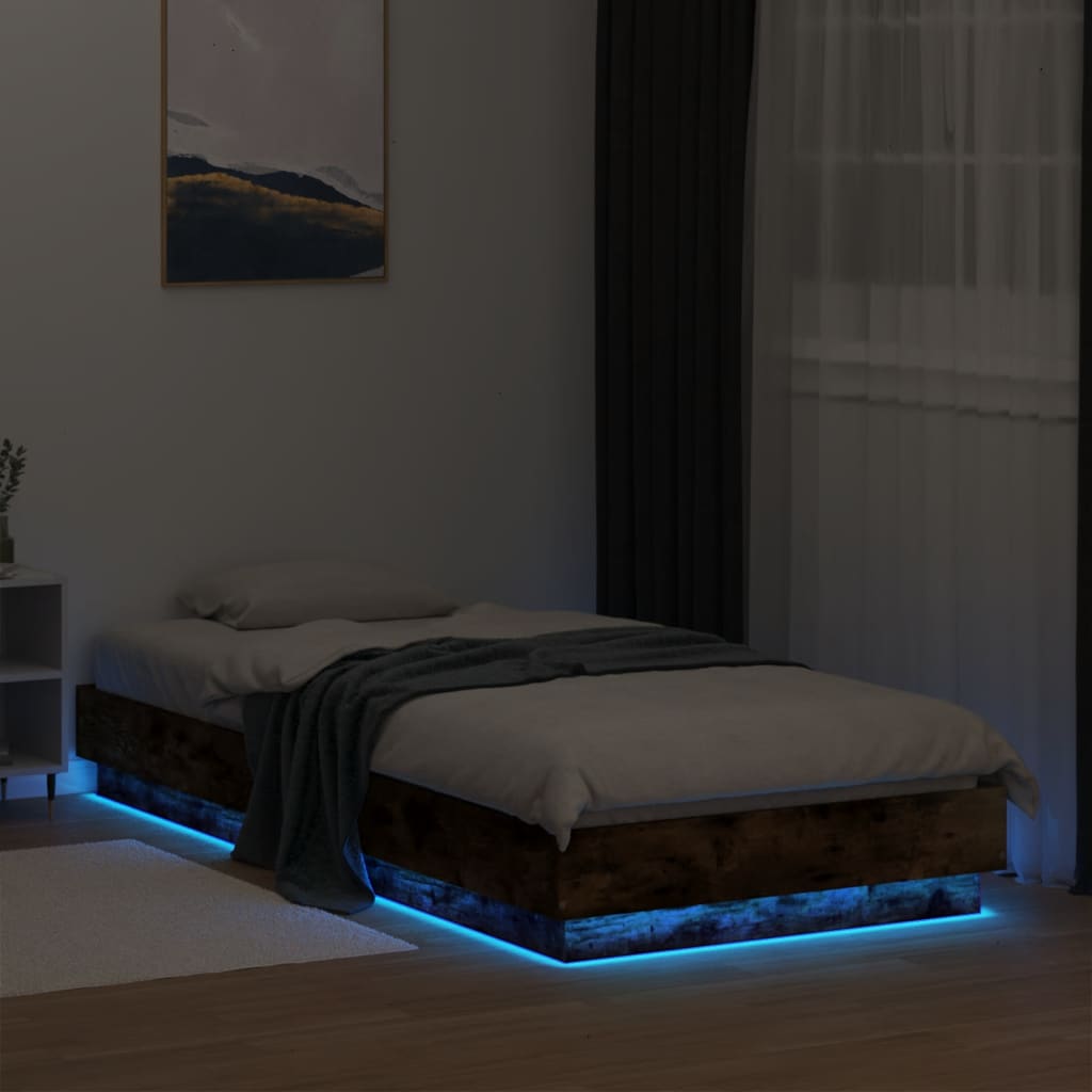 vidaXL Cadru de pat cu lumini LED, stejar fumuriu, 100x200 cm