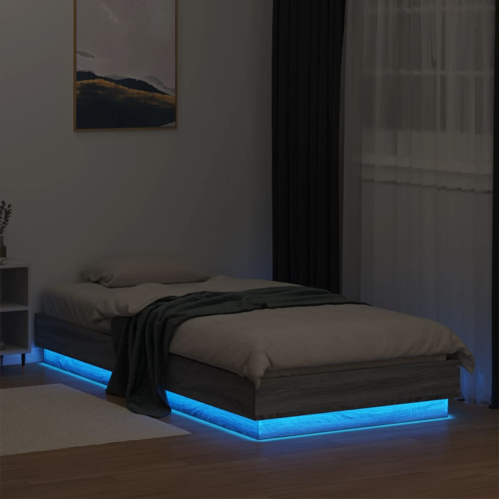 vidaXL Cadru de pat cu lumini LED, gri sonoma, 100x200 cm