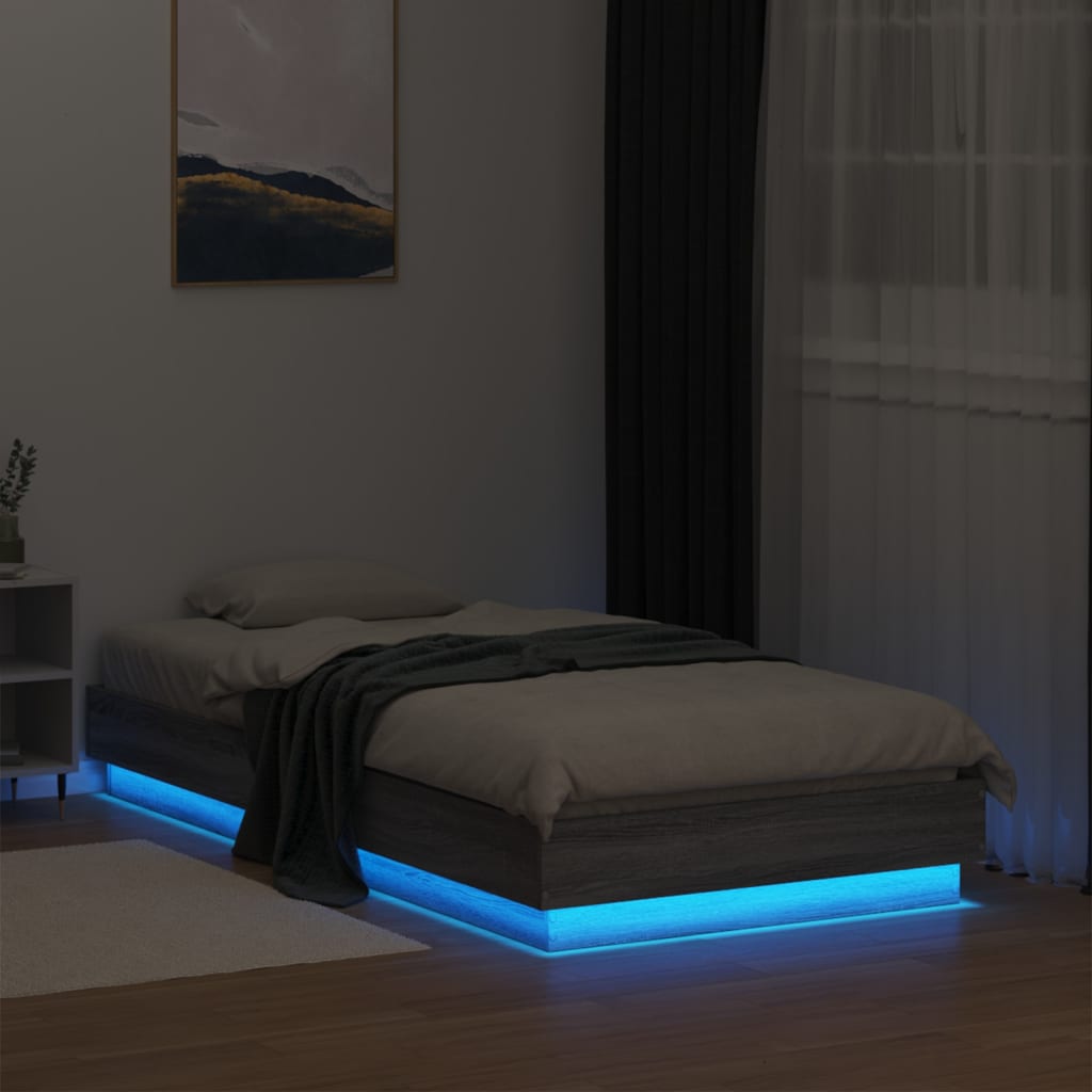 vidaXL Cadru de pat cu lumini LED, gri sonoma, 90x190 cm