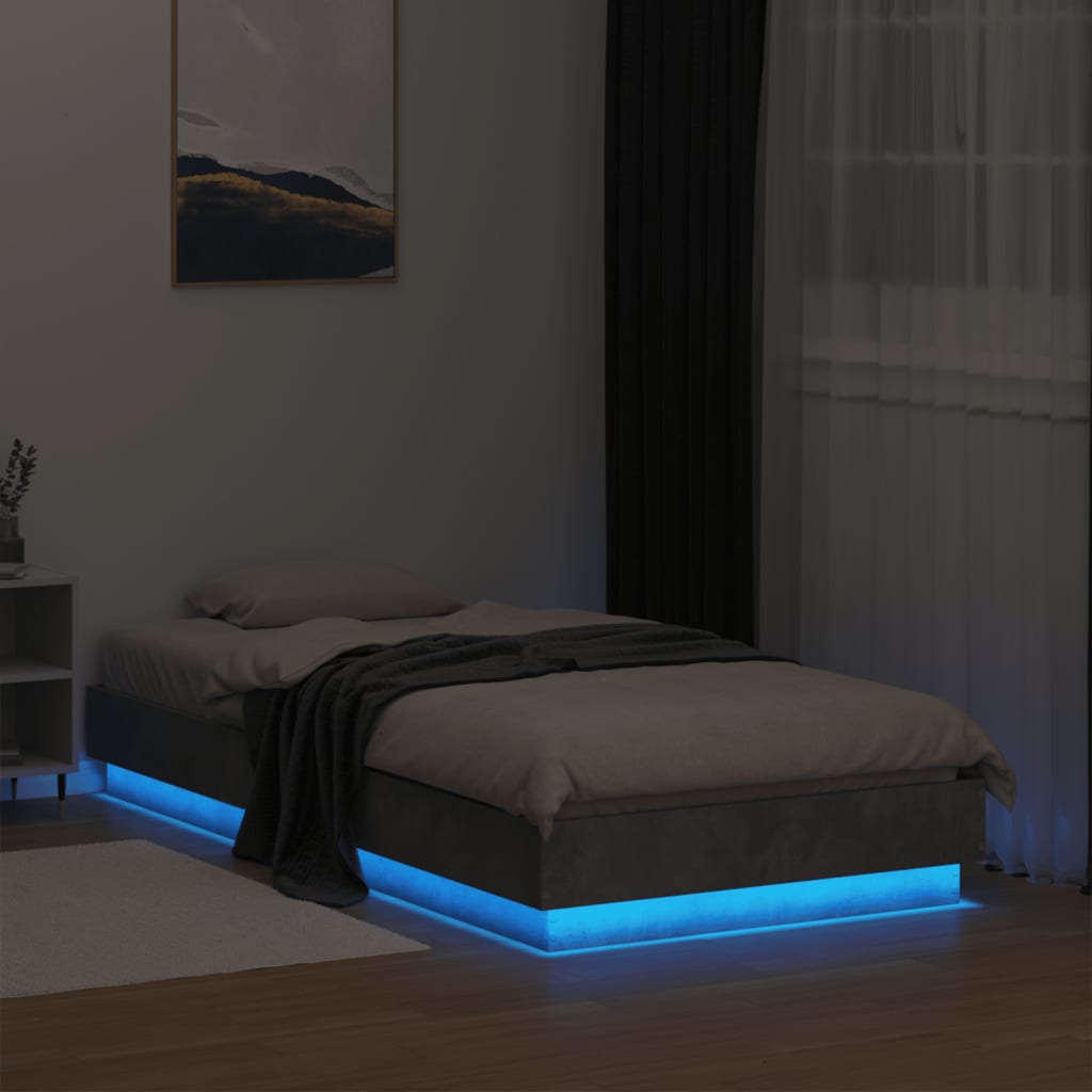 vidaXL Cadru de pat cu lumini LED, gri beton, 75x190 cm