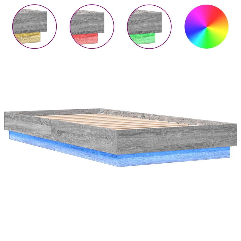 vidaXL Cadru de pat cu lumini LED, gri sonoma, 75x190 cm