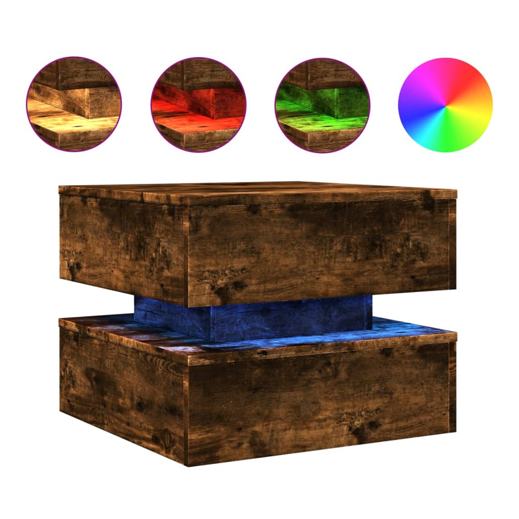 vidaXL Măsuță de cafea cu lumini LED, stejar fumuriu, 50x50x40 cm