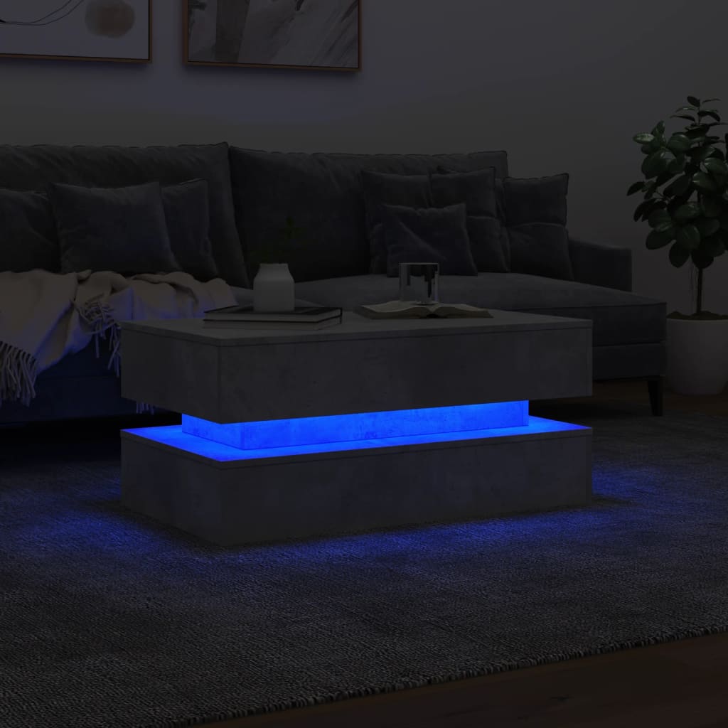 vidaXL Măsuță de cafea cu lumini LED, gri beton, 90x50x40 cm